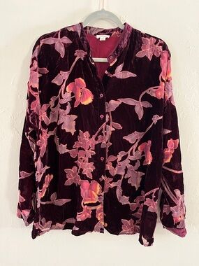 Velvet Floral Button-Front Blouse - Burgundy Pink Whimsigoth Fairy Boho
